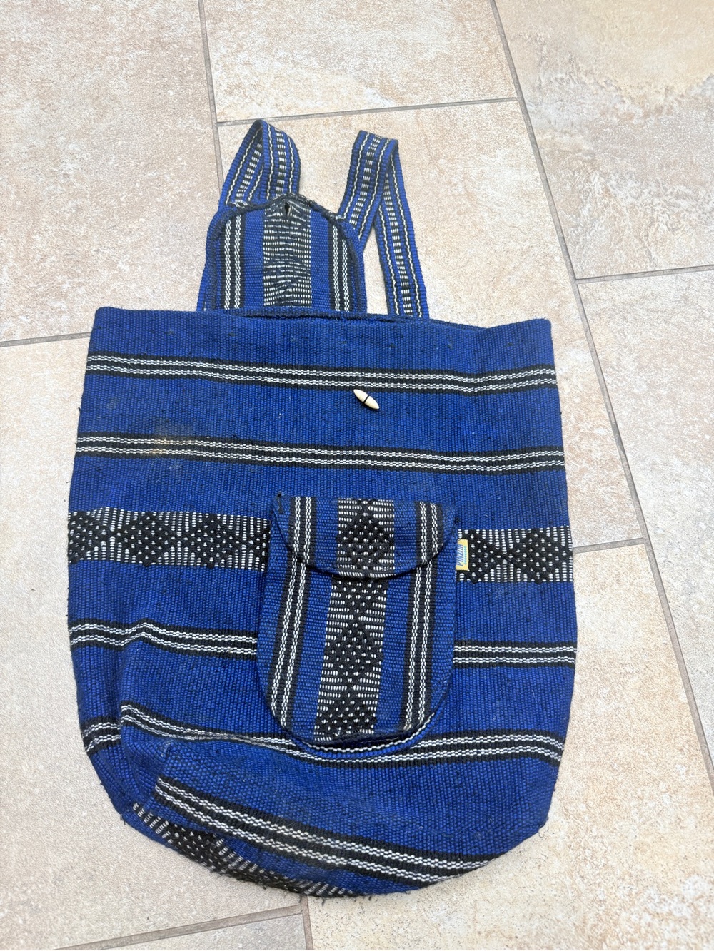 Blue Striped Woven Backpack Tote with Front Pocket